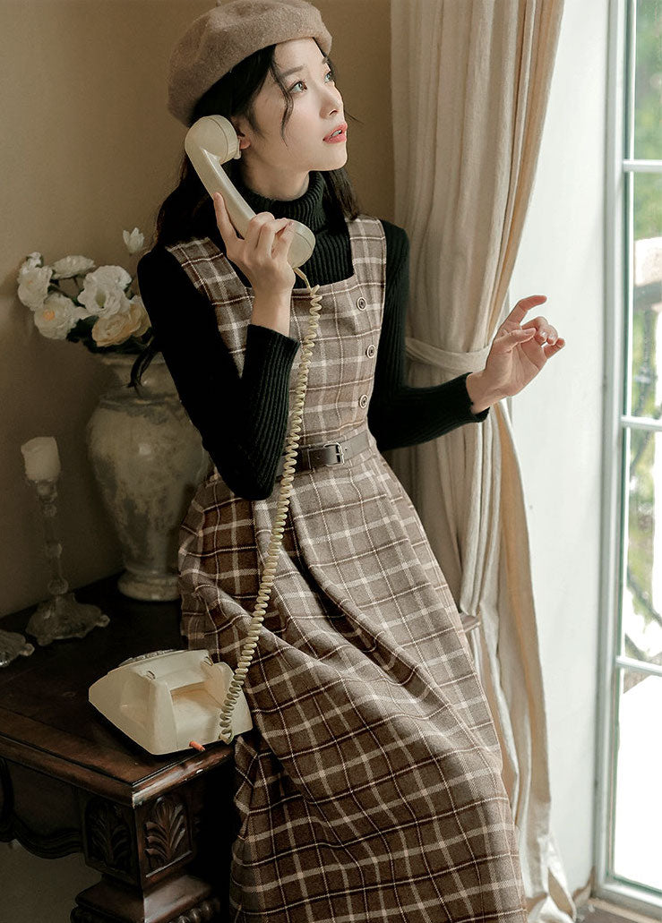 Cocoa Plaid Pinafore Midi Dress (Brown)