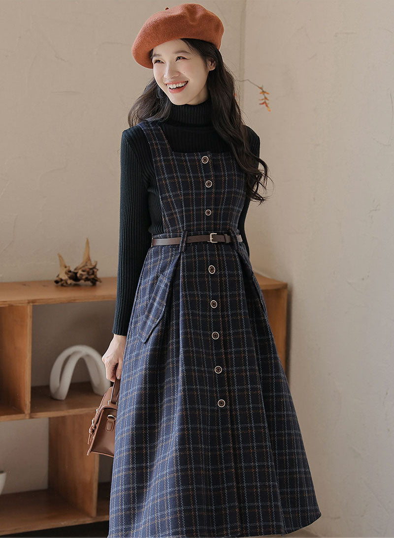 Button Up Plaid Pinafore Dress (2 Colors)