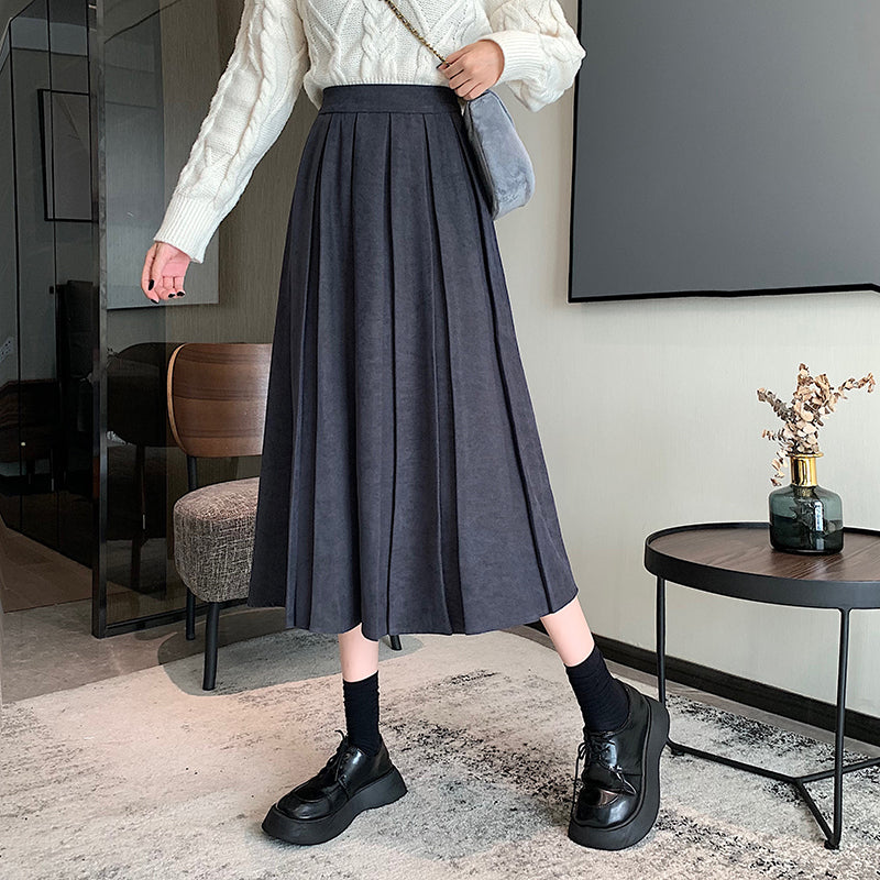 Corduroy Suede Pleated Midi Skirt (6 Colors)
