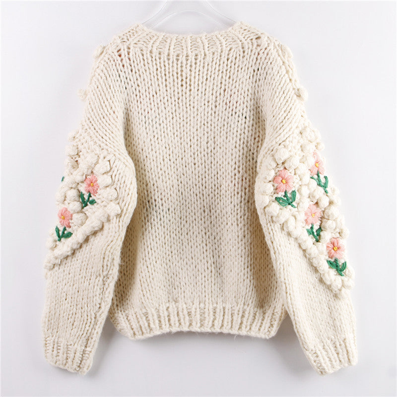 Pom Pom Floral Chunky Cardigan (Cream)