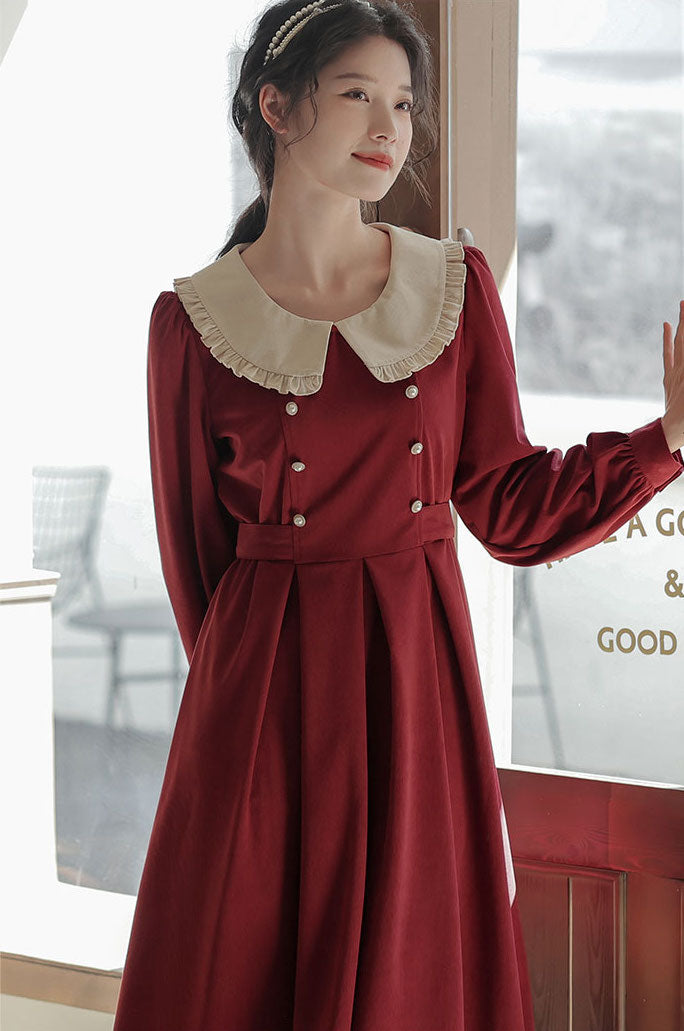 Corduroy Suede Peter Pan Midi Dress (3 Colors)