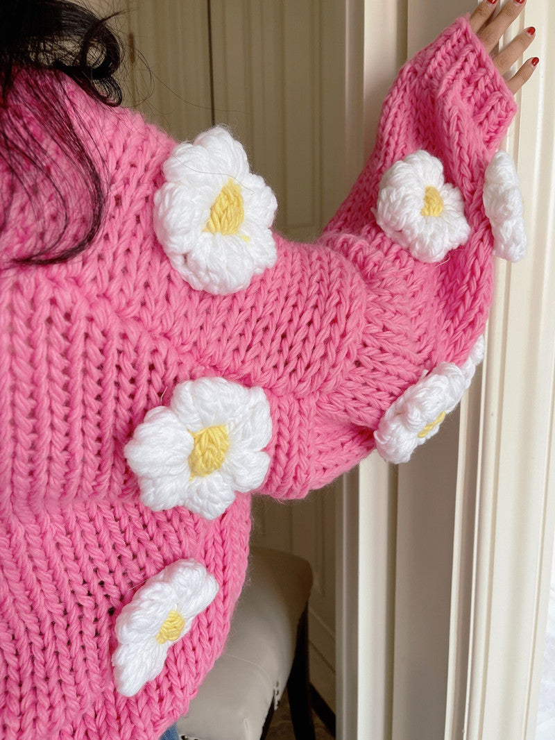 Chunky Daisy Cropped Cardigan (Pink)