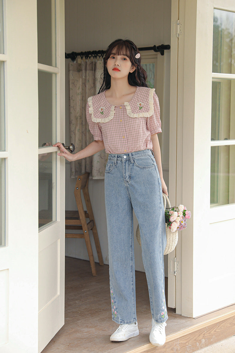 Cottage Flower Plaid Blouse (Pink)