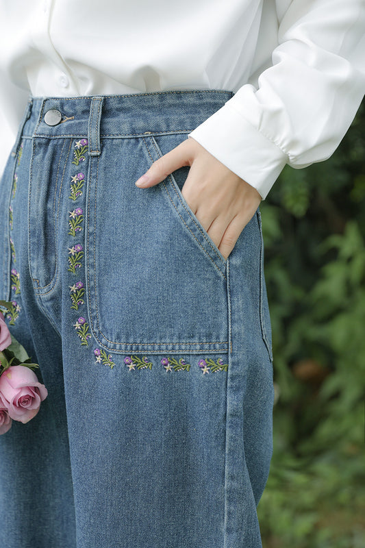 Retro Amethyst Floral Pocket Jeans (Medium Denim)