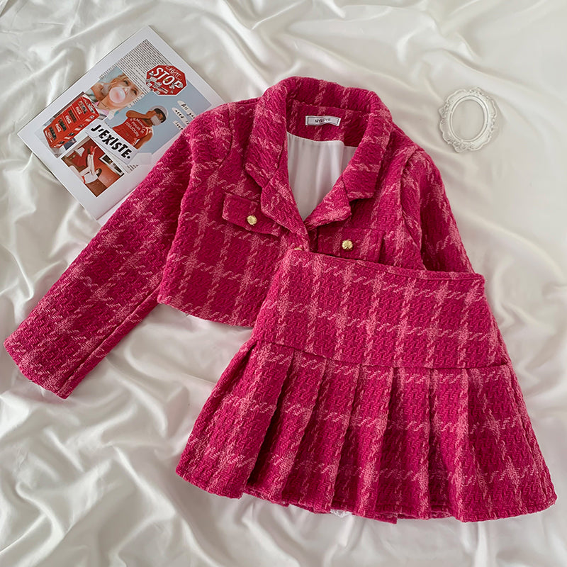 Megoosta Fashion Plaid Tweed Blazer Skirt Set