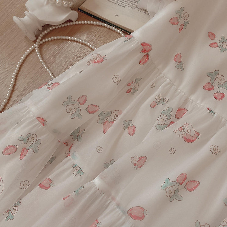 Strawberry Bunny Tiered Dress (White)