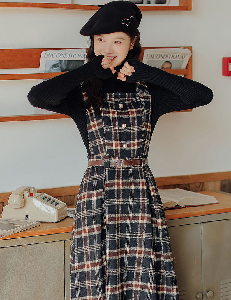 Holiday Plaid Pinafore Midi Dress (2 Colors) Navy / S Holiday Plaid Pinafore Midi Dress (2 Colors) Navy / S