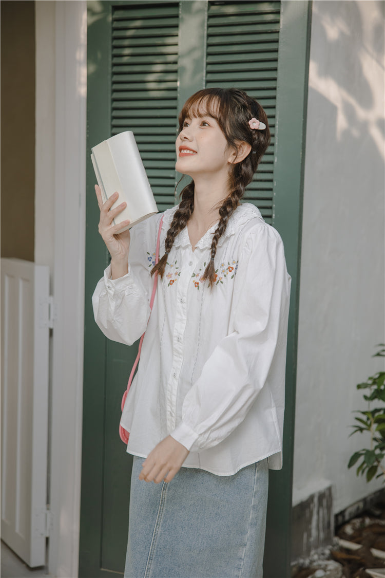 Falling Florals Embroidered Blouse (White)