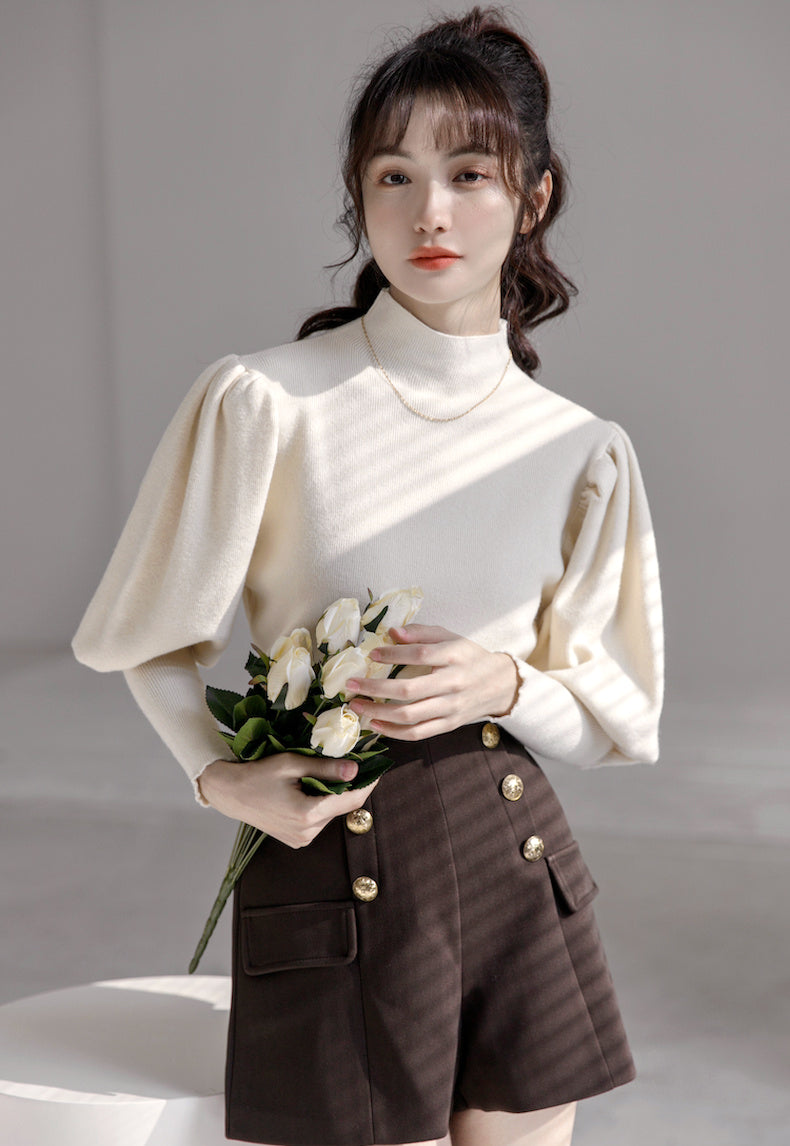 Puff Sleeve High Neck Sweater (Cream)