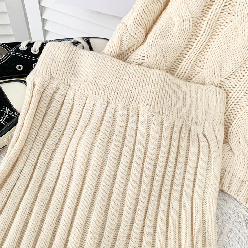 Turtleneck Cable Knit Cropped Sweater & Skirt Knit Set (4 Colors)