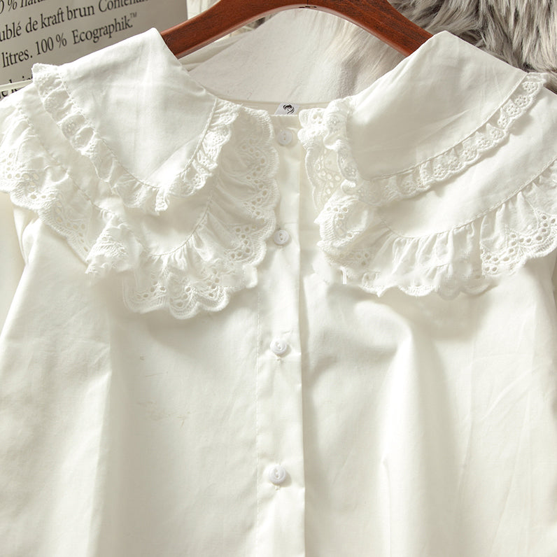 Floral Eyelet Double Peter Pan Button Up Shirt (White)