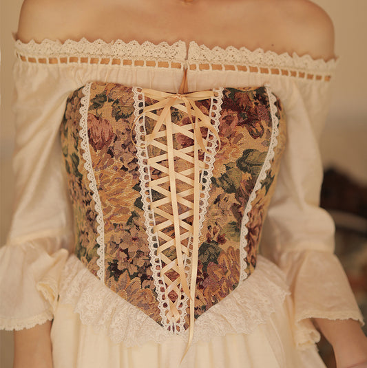 Rustic Floral Lace Up Corset (Beige)