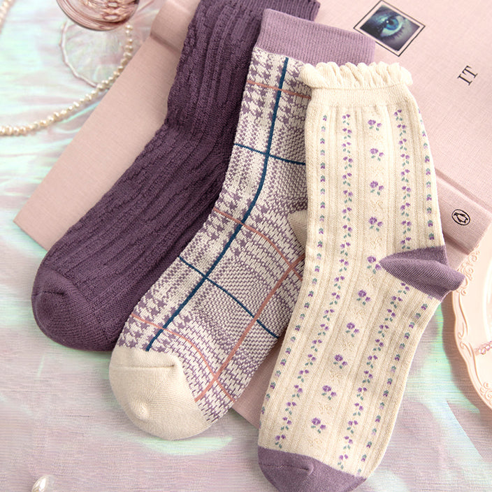 Floral Plaid Sock Set (Purple)