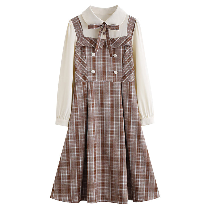 Cocoa Plaid Twofer Midi Dress (Cream/Brown)