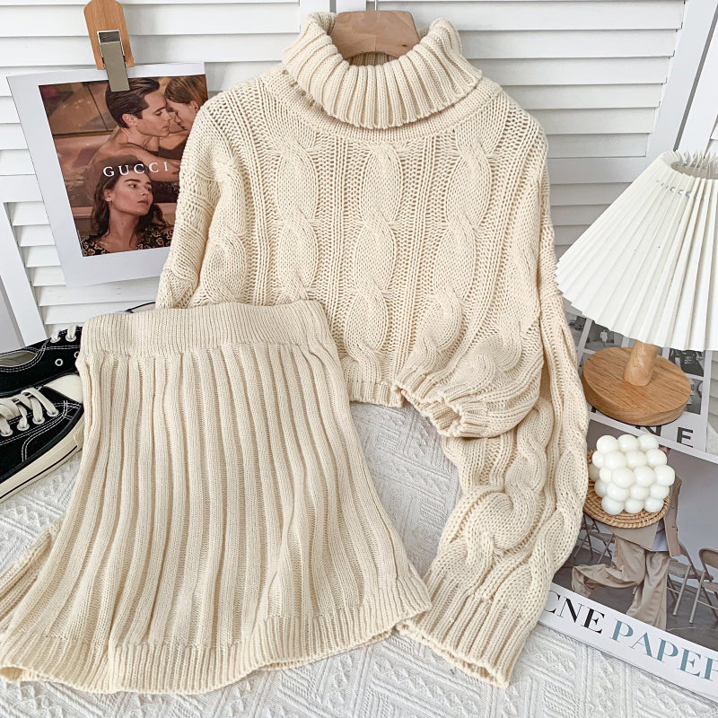 Turtleneck Cable Knit Cropped Sweater & Skirt Knit Set (4 Colors)