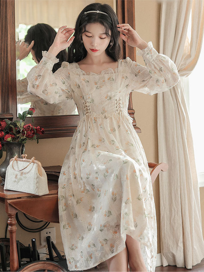 Flower Blossom Lace Up Midi Dress (Cream) – Megoosta Fashion