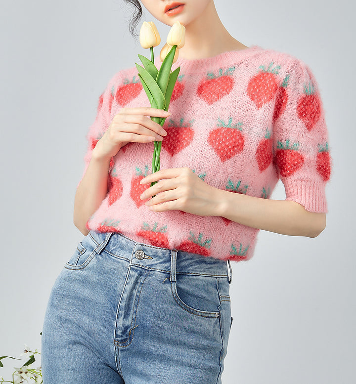 Strawberry Short Sleeve Sweater (Pink)