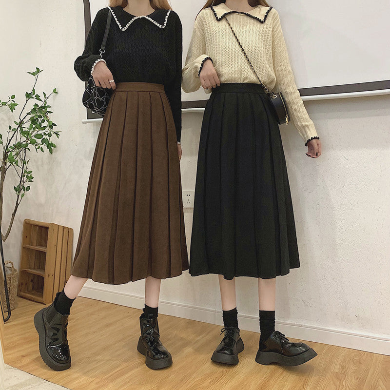 Corduroy Suede Pleated Midi Skirt (6 Colors)