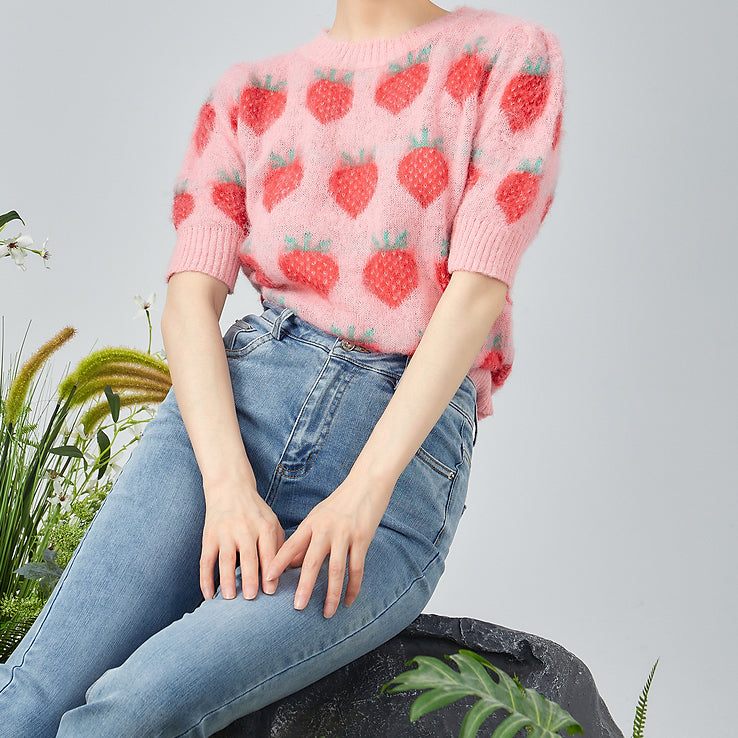 Strawberry Short Sleeve Sweater (Pink)