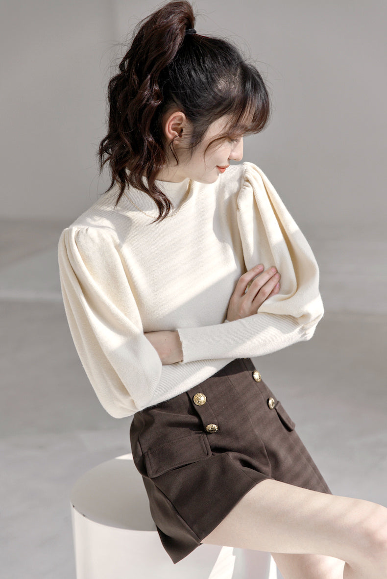 Puff Sleeve High Neck Sweater (Cream)