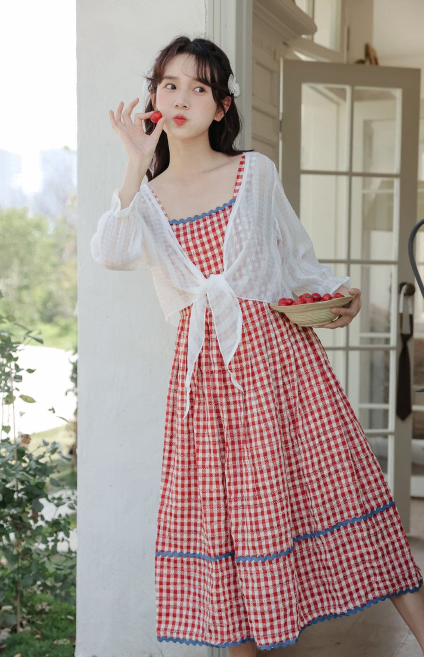 Daisy Chain Gingham Midi Dress (Red)