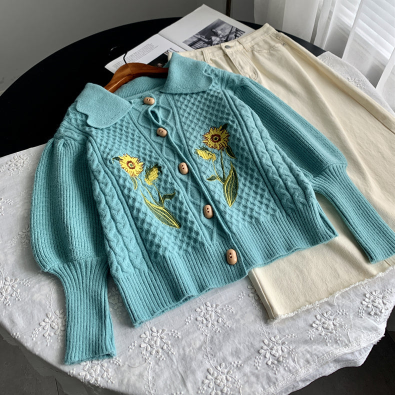 Sunflower Collared Cardigan (Turquoise)