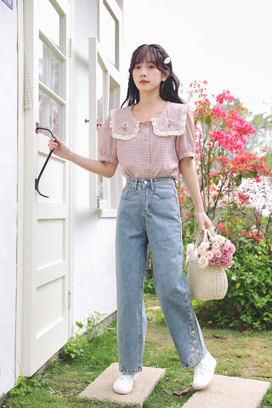 Cottage Flower Plaid Blouse (Pink)