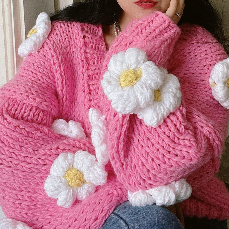 Chunky Daisy Cropped Cardigan (Pink)