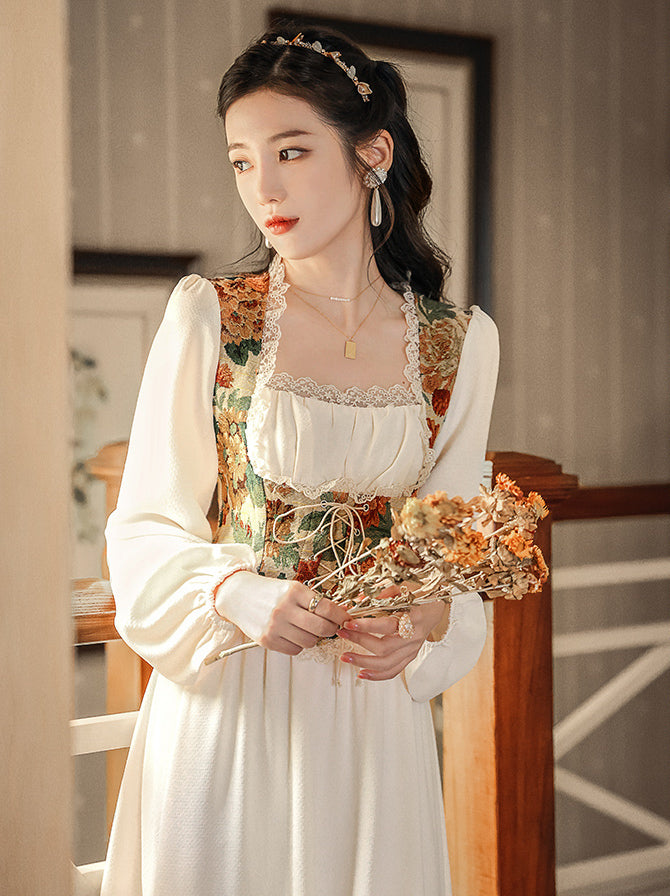 Floral Tapestry Jacquard Corset Dress (White)