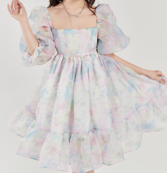 Watercolor Floral Puff Dress (Blue/Pink)