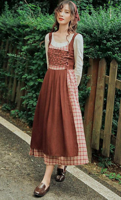 Patchwork Village Dress (Brown/Red)