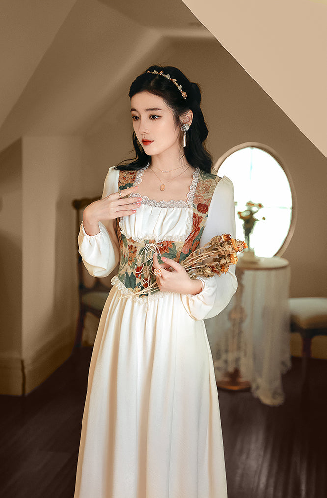 Floral Tapestry Jacquard Corset Dress (White)