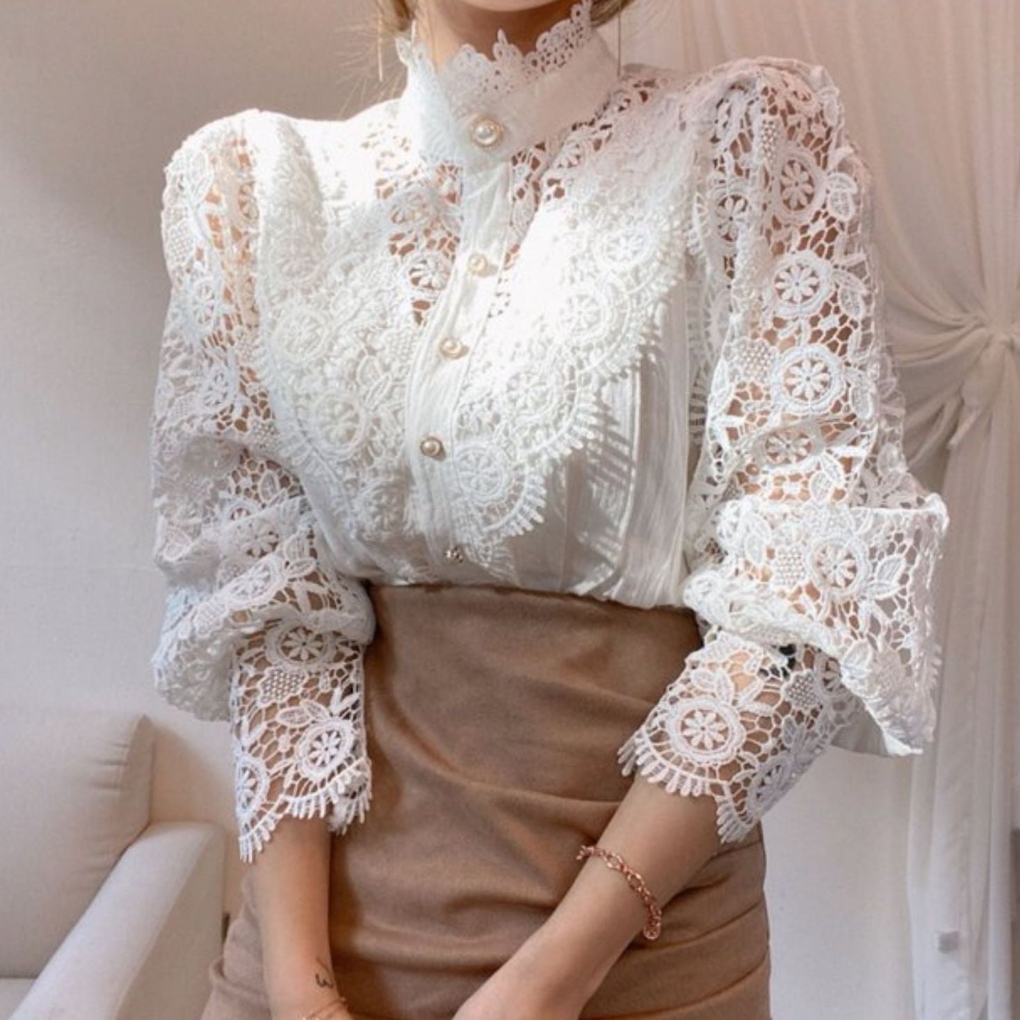 Lace High Neck Button Up Shirt (3 Colors) – Megoosta Fashion