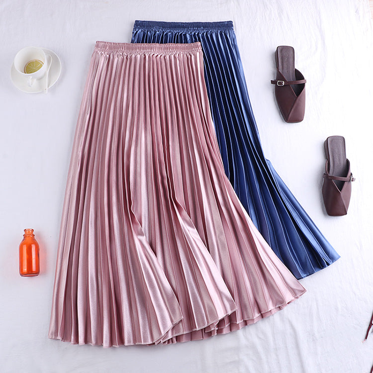 Pleated Satin Midi Skirt (7 Colors)