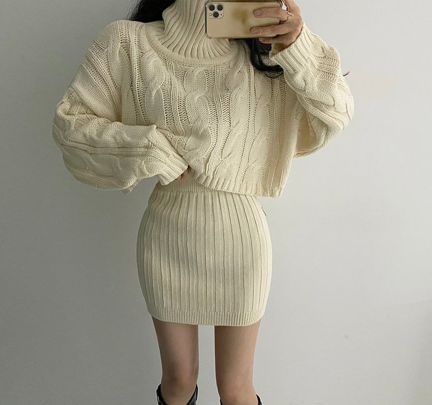 Turtleneck Cable Knit Cropped Sweater & Skirt Knit Set (4 Colors)