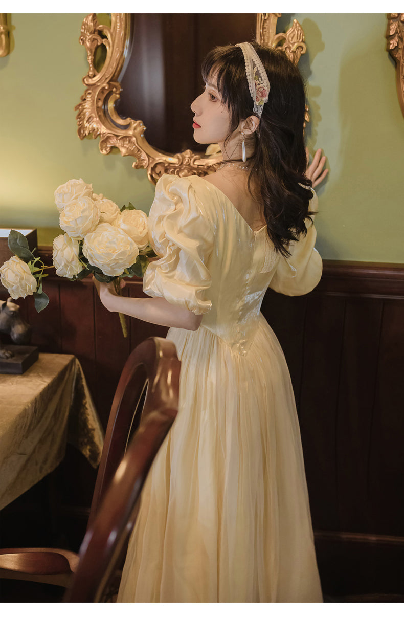 Belle Satin Puff Sleeve Maxi Dress (Yellow)