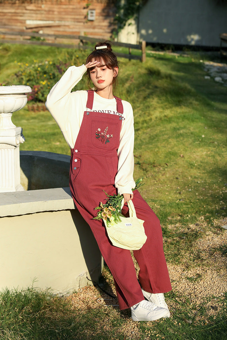 Wildflower Embroidered Overalls (Berry)