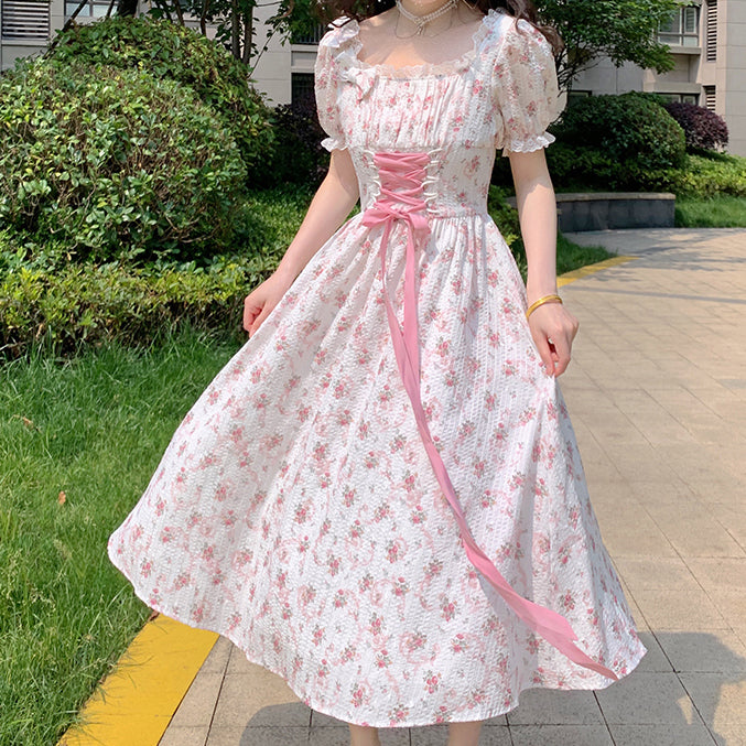 knee length dresses for ladies Pink And White Floral Print Shirred Straps Tiered Midi Dress – AX Paris