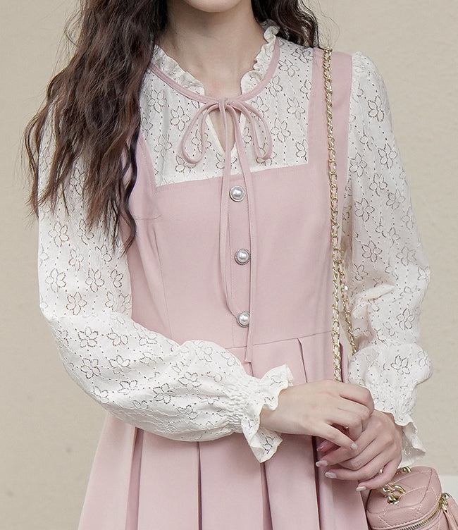 Floral Lace Twofer Midi Dress (Pink/White)