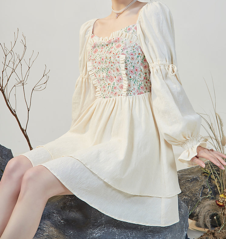 Florals In Bloom Ruffle Dress (Cream)