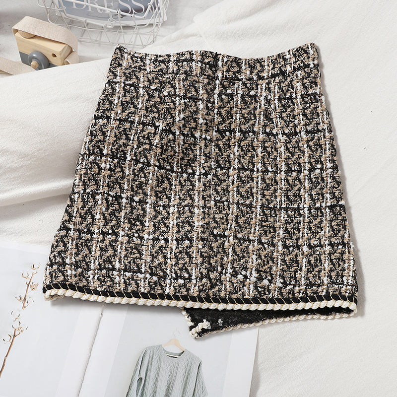 Asymmetrical Tweed Plaid Skirt (2 Colors)