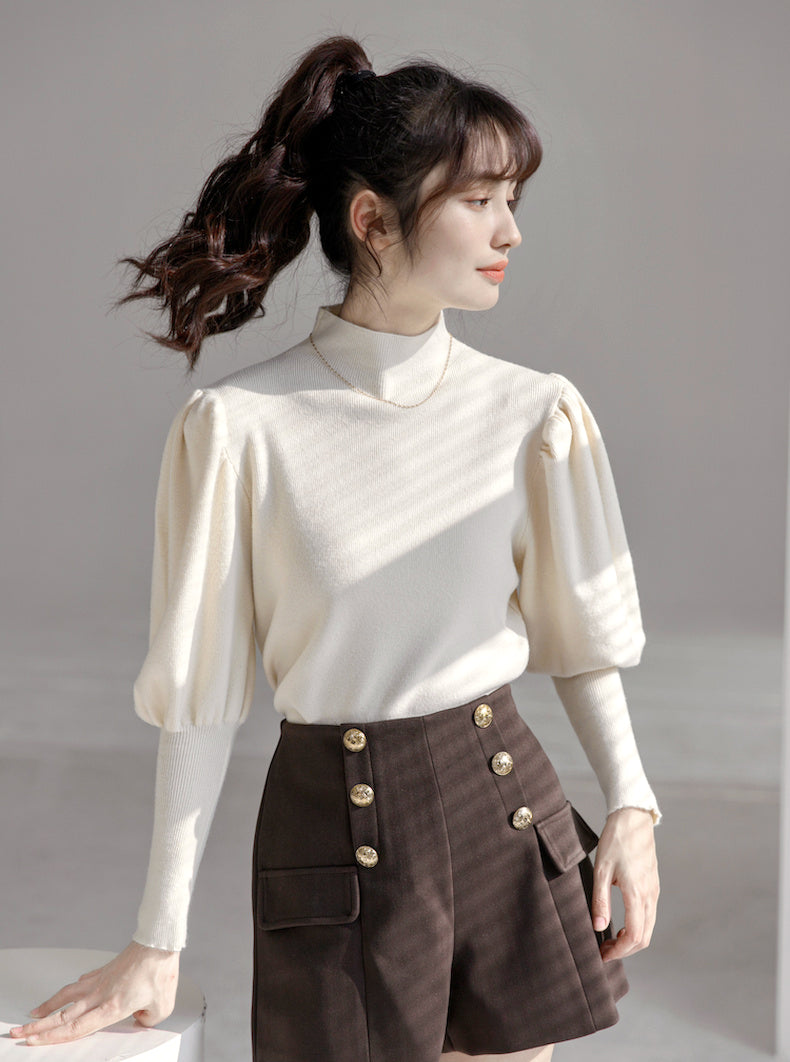 Puff Sleeve High Neck Sweater (Cream)