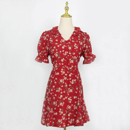 Floral Blossom Puff Sleeve Dress (Red)