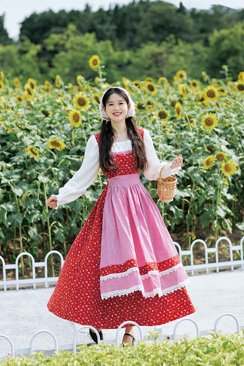 Floral Gingham Folk Dress (Red/White)