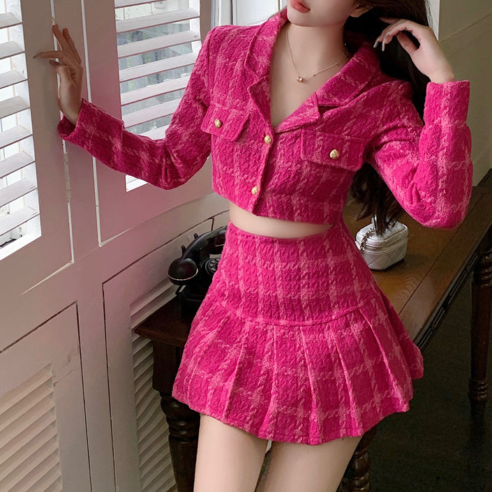 Tweed Plaid Blazer Skirt Set Hot Pink Megoosta Fashion