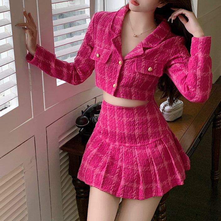 Pink Plaid Blazer & Skirt Coord Set
