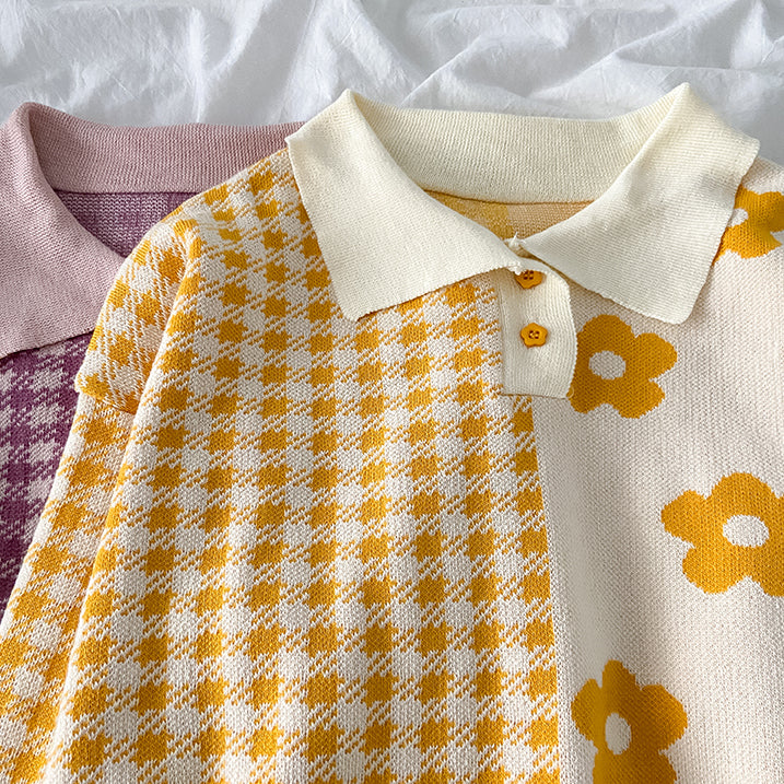 Gingham Daisy Polo Sweater (2 Colors)