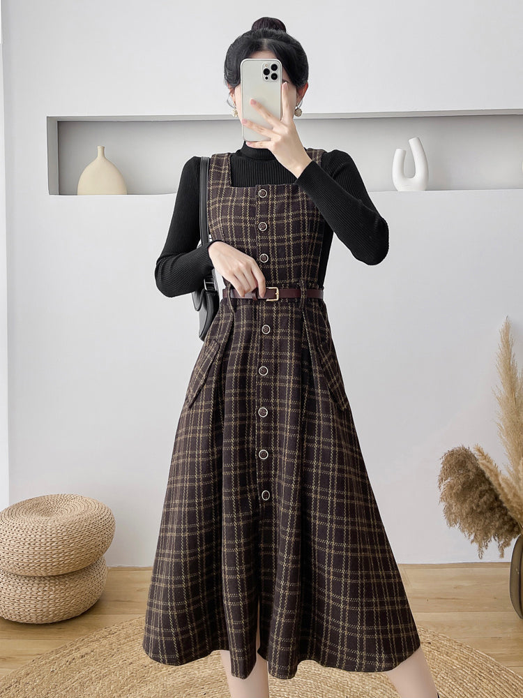 grey plaid pinafore dress Plaid Pattern Pinafore Dress