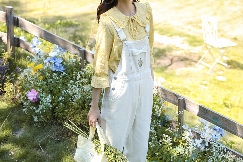 Bow Floral Embroidered Overalls (Cream)