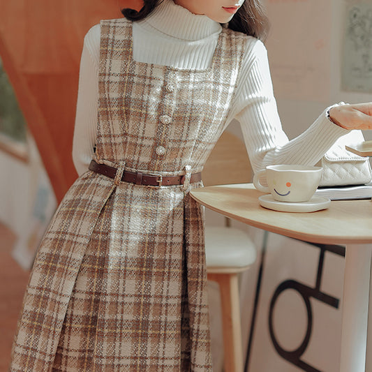 Latte Plaid Pinafore Dress (Khaki)